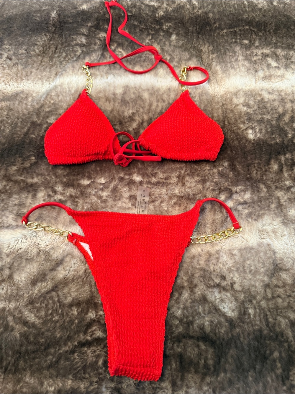 Red gold Chain-Accent Textured Bikini Set no brand size medium - Picture 3 of 5